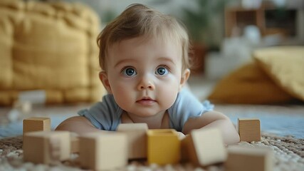 Baby exploring with wooden blocks.  Close-up of a curious infant, lying on a soft rug, engaging with colorful building blocks - Powered by Adobe