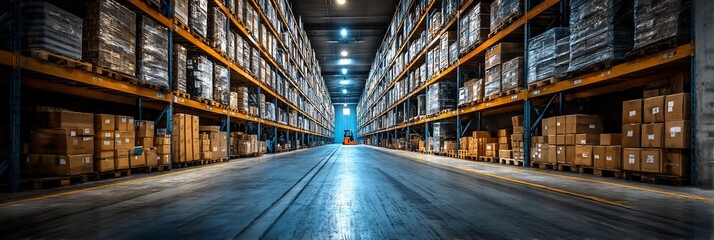 Obraz premium Warehouse interior with stacked boxes. Wide aisle. Possible use Stock photo