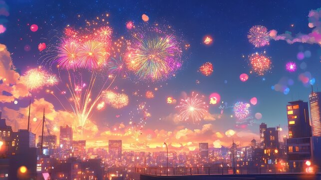 Fireworks exploding high over illuminated city buildings, dramatic night celebration in full color