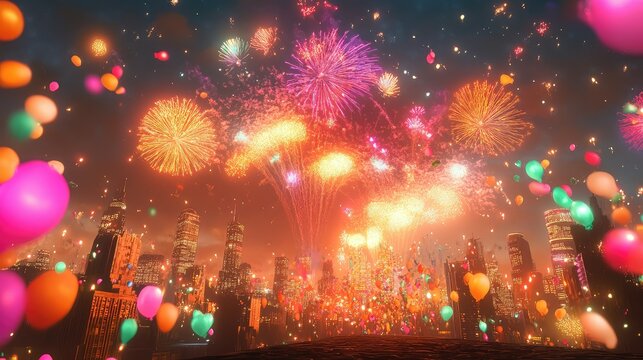 Fireworks exploding high over illuminated city buildings, dramatic night celebration in full color