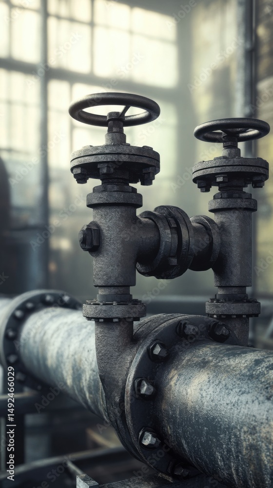 Poster close up of industrial pipeline with two valves in factory setting showing aged metal and connection