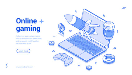 Online gaming esport cyberspace virtual video game isometric web banner vector illustration. Internet digital technology entertainment laptop gamepad chatbot championship landing page