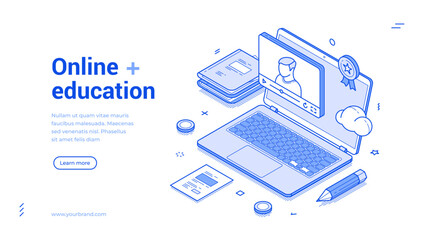 Online education e learning remotely video lesson laptop web banner isometric vector illustration. Internet webinar course studying school college graduation academic training conference
