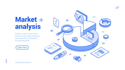 Market analysis commercial financial statistic business chart web banner isometric vector illustration. Economy information analyzing management solution research optimization profit planning