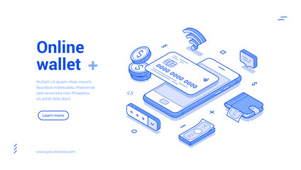 Online wallet banking money financial management mobile app web banner isometric vector illustration. Digital payment ewallet finance transaction card budget balance shopping purchase