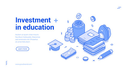Investment in education college money scholarship student financial saving plan web banner isometric vector illustration. Studying loan costs school credit debt knowledge pay graduation banking budget