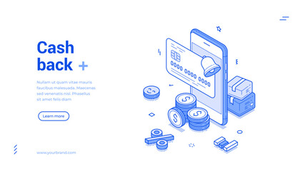 Cash back card payment reward bonus online banking smartphone application web banner isometric vector illustration. Financial refund shopping payment marketing promotion sale discount bank offer