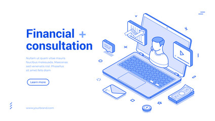 Financial consultation online adviser remotely business meeting web banner isometric vector illustration. Finance accounting analytics expert help income investment planning analyzing consulting
