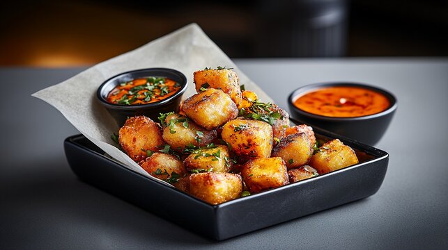 Crispy potato bites with spicy dipping sauces