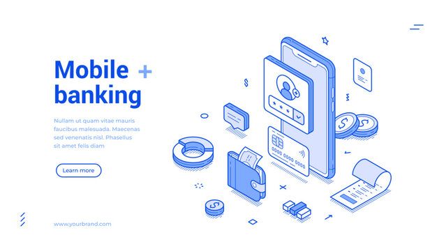 Online banking smartphone application finance budget balance web banner isometric vector illustration. Internet financial bank money transaction mobile phone app digital wallet cashless management