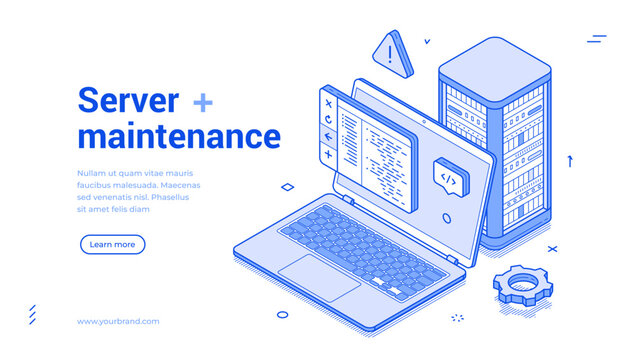 Server maintenance code programming IT development isometric web banner vector illustration. Information technology computer hardware connection database infrastructure network support landing page
