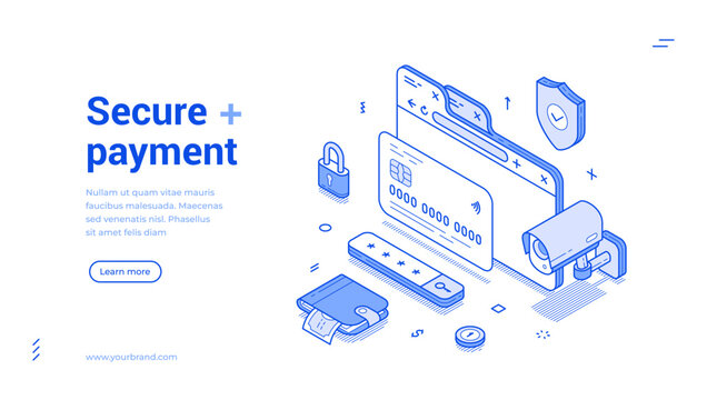 Secure payment financial banking money transaction web banner isometric vector illustration. Paying cashless transfer budget balance credit debit transfer digital protection online shopping
