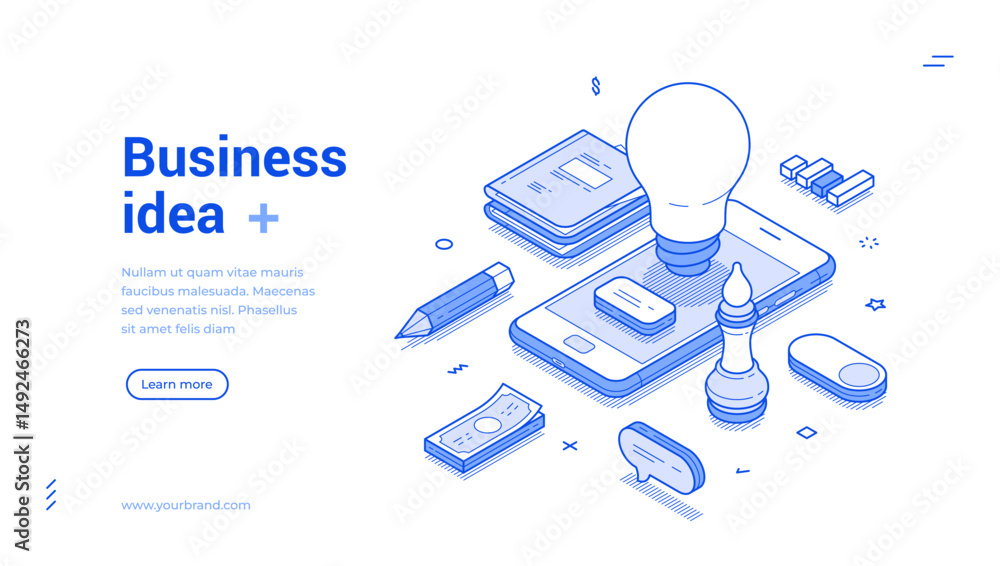 Aufkleber business idea innovation brainstorming smartphone application web banner isometric vector illustrati