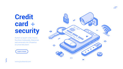 Credit debit banking card payment security smartphone application web banner isometric vector illustration. Financial money transaction protection privacy secure finance bank technology mobile app
