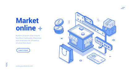 Market online shopping browser marketplace site web banner isometric vector illustration. Internet shop store digital commercial retail technology e business cyberspace purchase buying goods