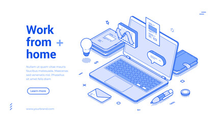 Work from home remotely office internet laptop web banner isometric vector illustration. Freelance distance working cyberspace online digital technology global brainstorming workplace