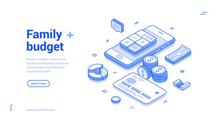 Family budget accounting bookkeeping calculation web banner isometric vector illustration. Financial balance planning analyzing savings expenses earnings control money management mobile app