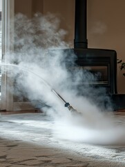 Obraz premium Steam cleaning carpet in living room with fireplace; close up shot of steam cleaner in action, interior home setting