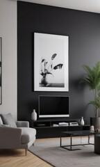 Bright modern living room, black gallery wall mockup,  minimalist,  stylish
