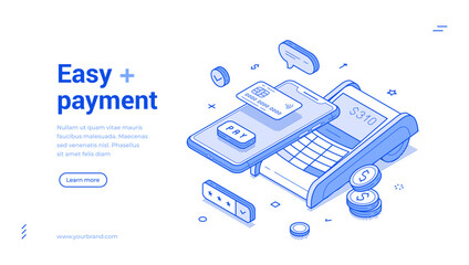 Easy payment online banking financial smartphone app POS terminal web banner isometric vector illustration. Digital paying finance transaction shopping commercial retail purchase buying goods