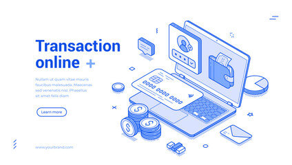 Banking financial transaction online shopping payment laptop web banner isometric vector illustration. Bank finance personal account currency e money transfer paying cyberspace digital technology