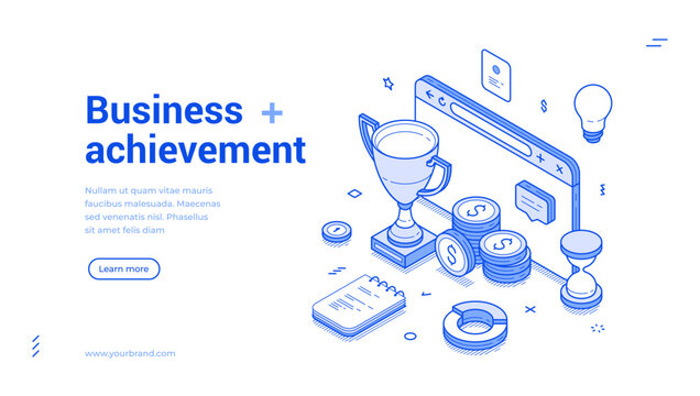 Business achievement financial success profit wealth web banner isometric vector illustration. Work productivity and efficiency optimization prize reward teamwork loyalty triumph trophy landing page