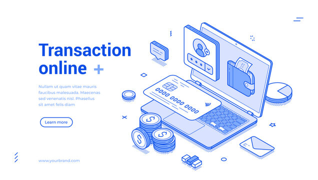 Banking financial transaction online shopping payment laptop web banner isometric vector illustration. Bank finance personal account currency e money transfer paying cyberspace digital technology