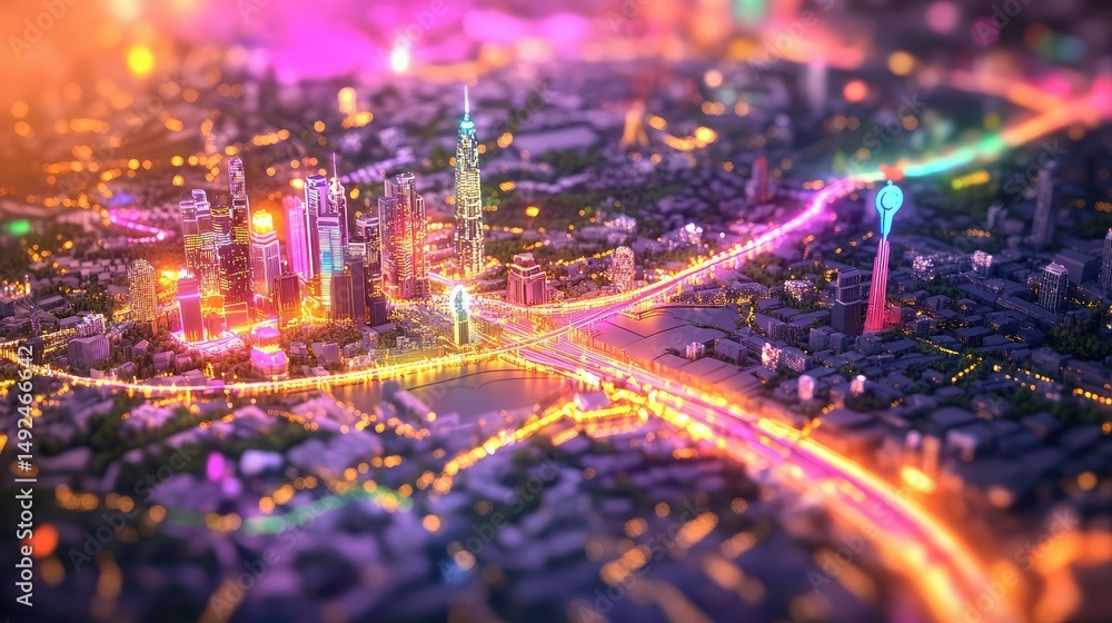 Poster LED-style digital map of cityscape, radiant with color-coded lines and bold location indicator