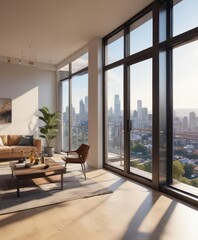 Sun-drenched modern apartment, panoramic city view,  modern architecture,  exterior