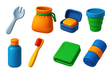 Camping essentials 3d icons set – outdoor, gear, and travel equipment symbols