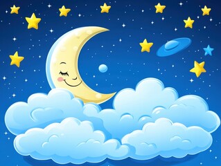Whimsical Cartoon Night Sky with Smiling Crescent Moon Resting on Fluffy Clouds Under a Starry Sky Illustration