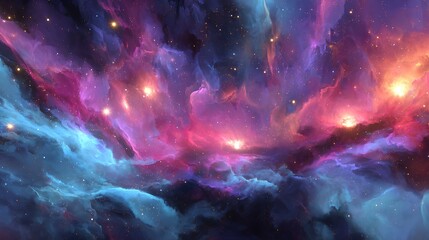 Fototapeta premium Colorful cosmic illustration featuring vibrant nebulae, twinkling stars, and swirling clouds of gas, creating a magical view of the universe's beauty and mystery.