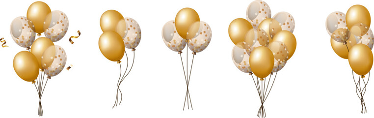 Realistic three-dimensional golden and clear balloons bouquet, bunch with confetti set. © HelenArt