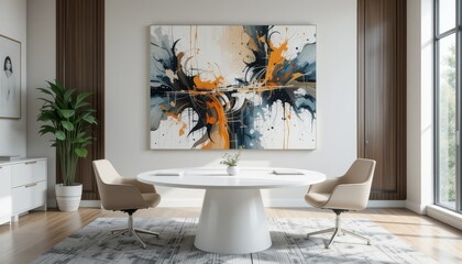 Modern Office Interior Design Round Table, Contemporary Chairs, and Abstract Art