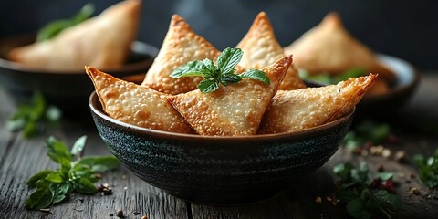 Fototapeta premium Delicious Crispy Samosas Served with Spicy Dipping Sauce Indian Food Cuisine