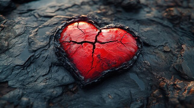 Broken heart on dark stone
