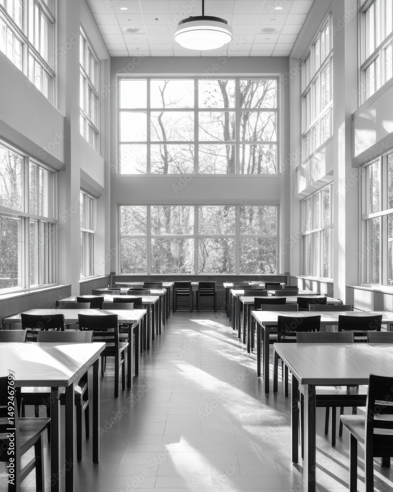 Poster empty study hall interior with tables and chairs in a library with large windows in black and white