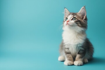 Obraz premium Fluffy white and gray cat looking at copy space while sitting on blue background, advertising products for pets