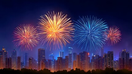 Colorful Fireworks Display Over a City Skyline at Night During Chinese New Year Celebrations