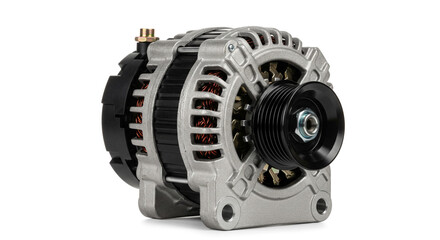 A close up shot of a car alternator featuring a silver body and a black pulley on a white background