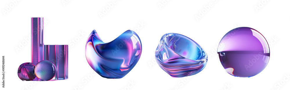Poster Iridescent geometric shapes on a white background for design concepts
