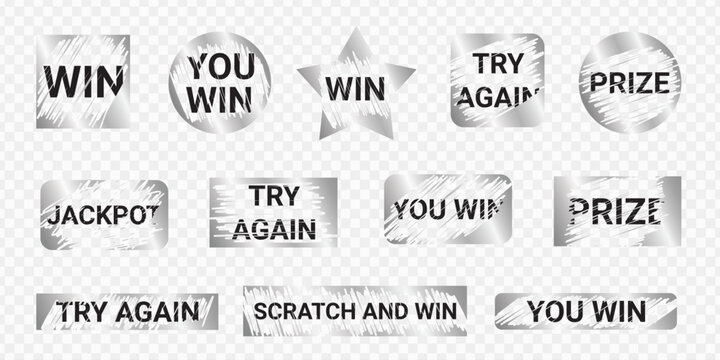 Lottery ticket text design kit - scratched numbers words silver foil decor. Jackpot luck slogans distressed ink splatter. Shiny metallic peeling paint vector shapes.