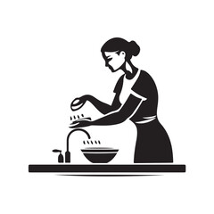 Vector illustration of a woman washing dishes in the kitchen with a clean and tidy atmosphere