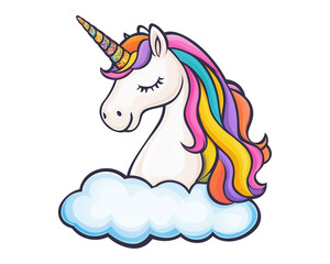 Cute Unicorn with Rainbow Mane Sitting on a Cloud Illustration

