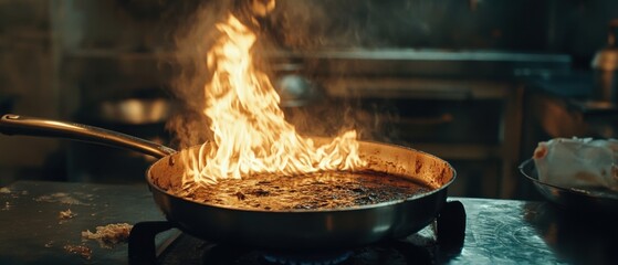 Dramatic close up of food flambé in frying pan on gas stove in dark restaurant kitchen setting
