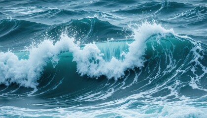 Dynamic Ocean Waves Teal Waters and White Foam Crashing, Artistic Representation of Powerful Nature