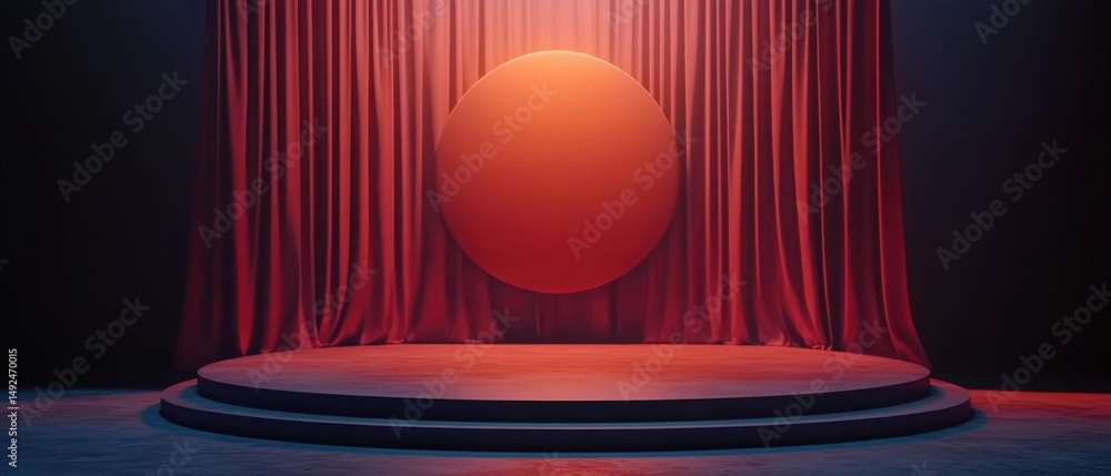 Poster red curtains backdrop with spotlight and round stage for presentation or performance theater set des