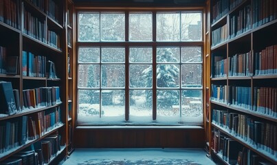 quiet winter library with frosted windows and shelves lined with books, Generative AI