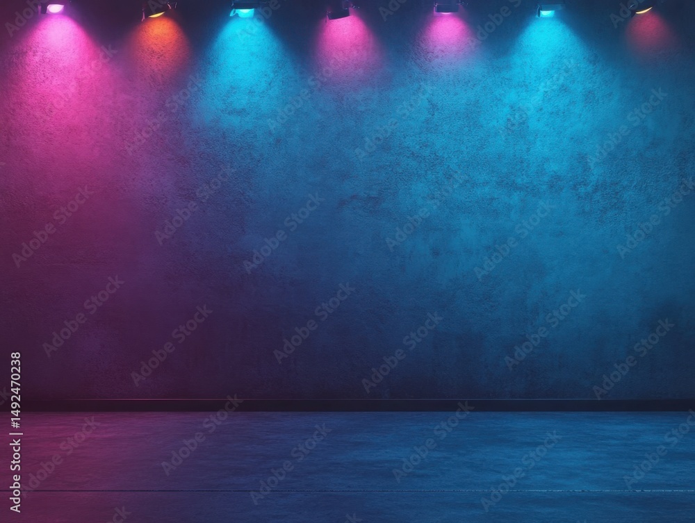 Poster concrete wall illuminated by colorful spotlights in studio setting creating vibrant atmosphere with 