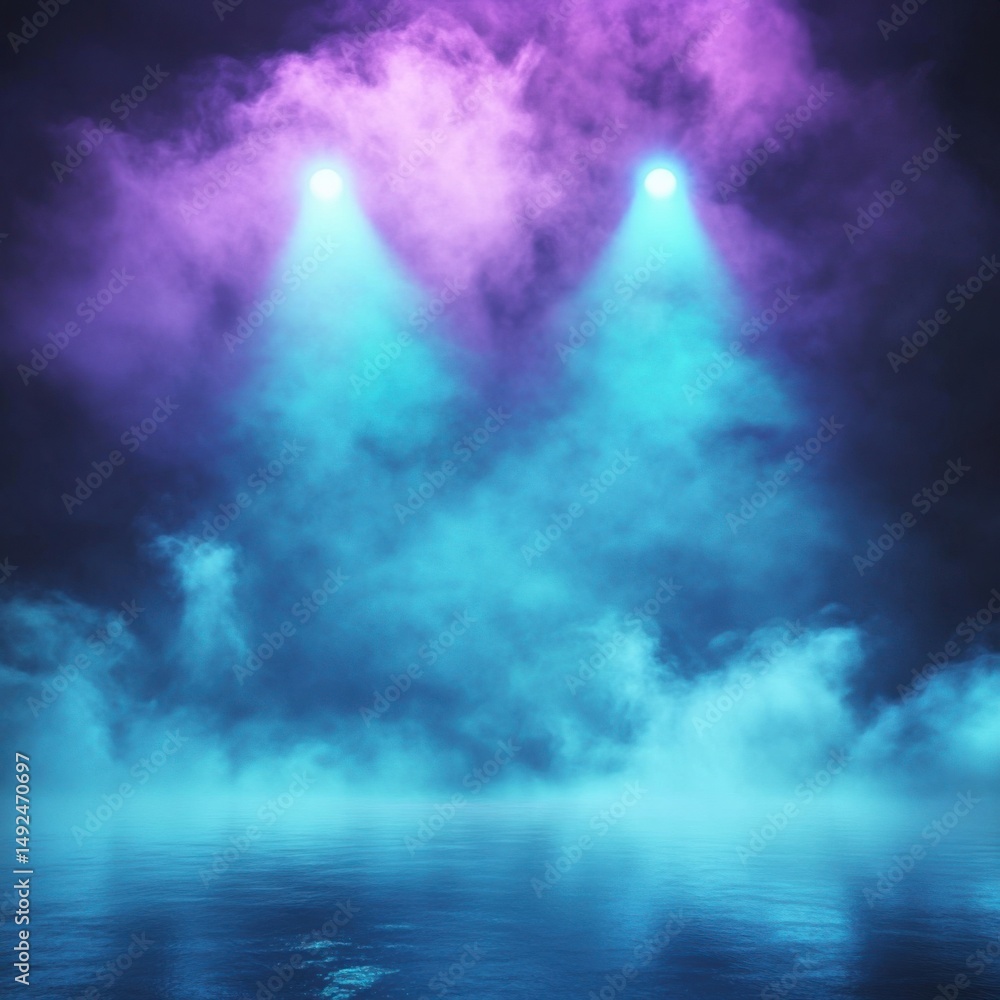 Poster two spotlights shining through fog over water surface creating ethereal scene with vibrant colors an